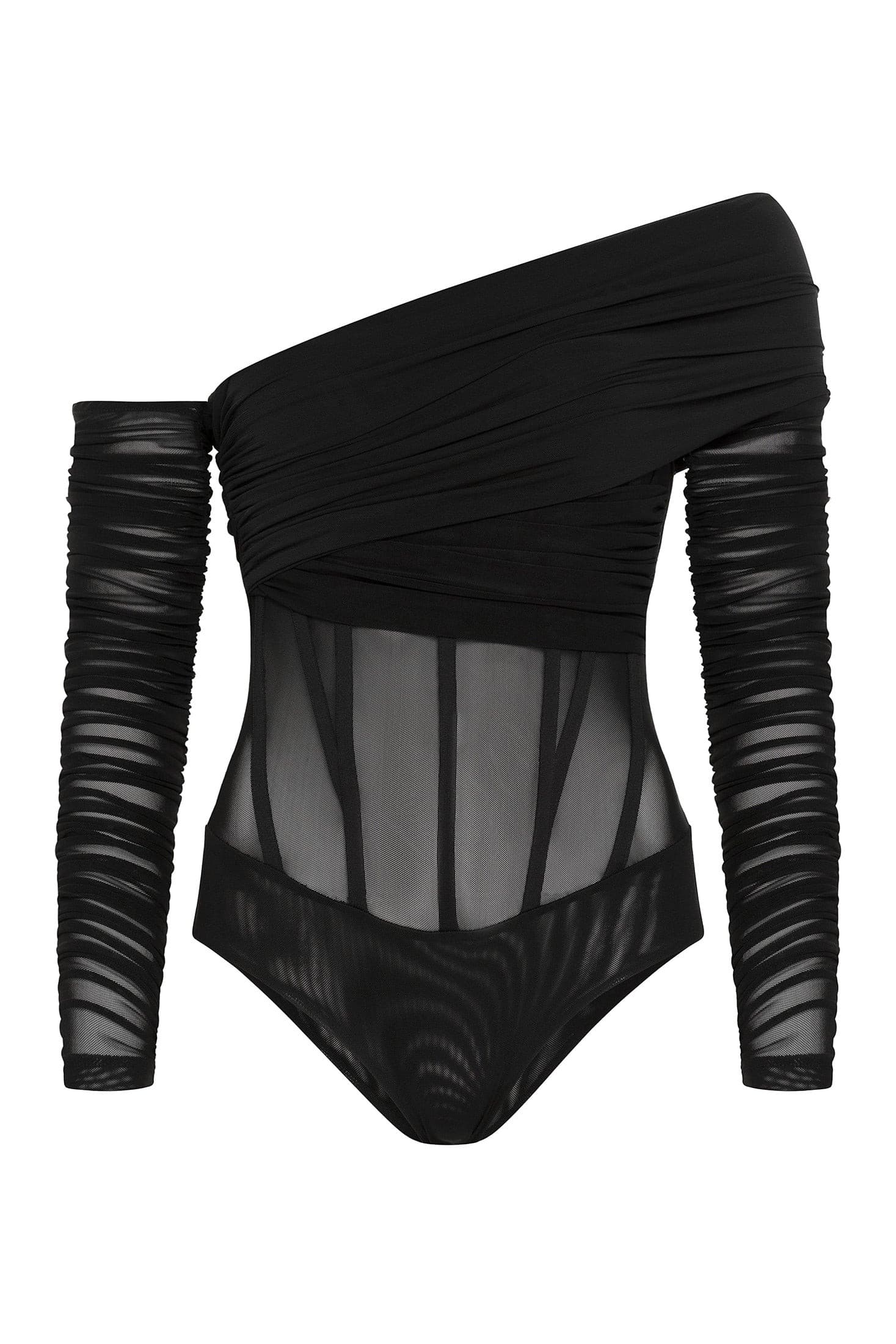 Saint Genies vinyl mesh underwire corset bodysuit in black