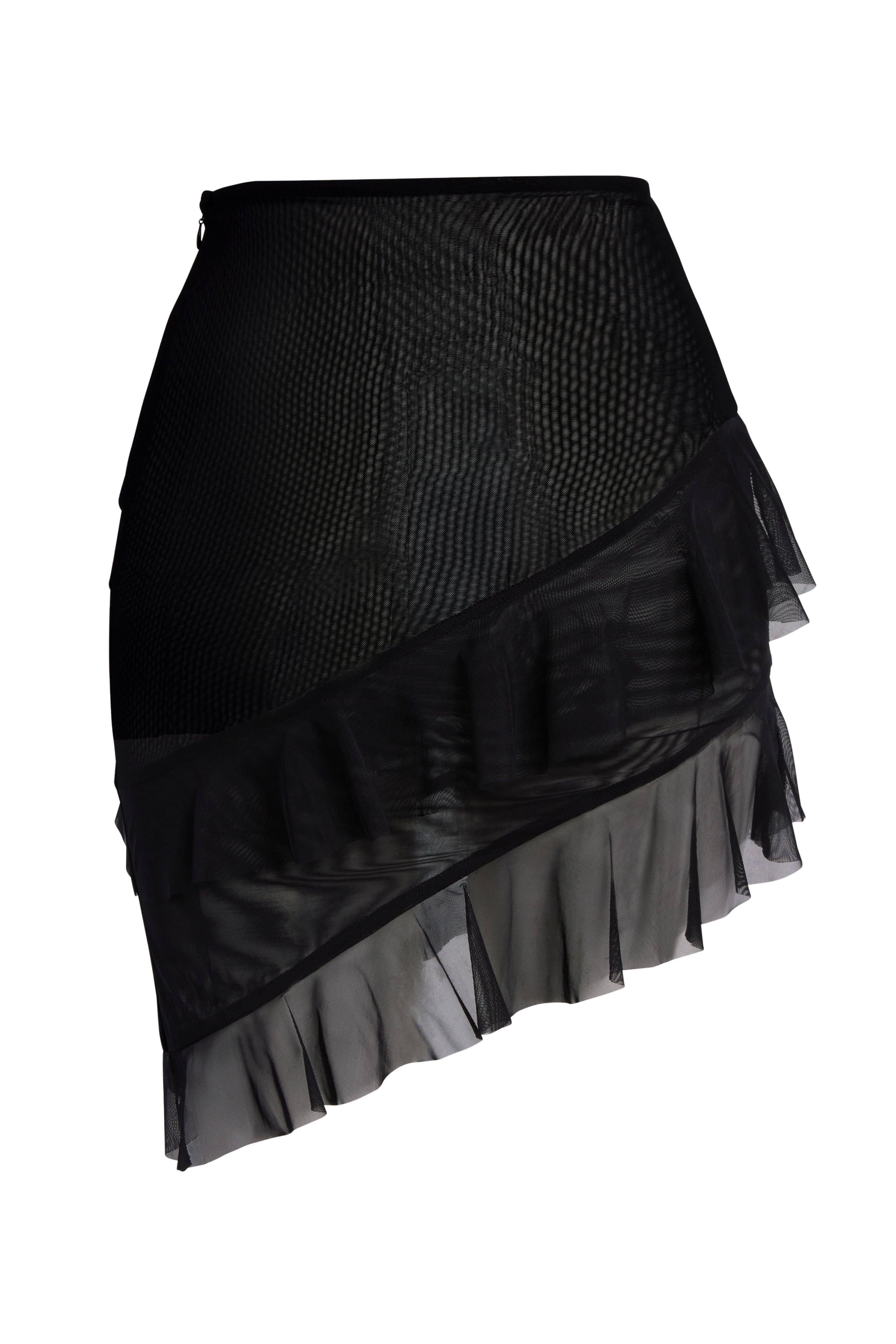 Black mesh shop ruffle mini skirt