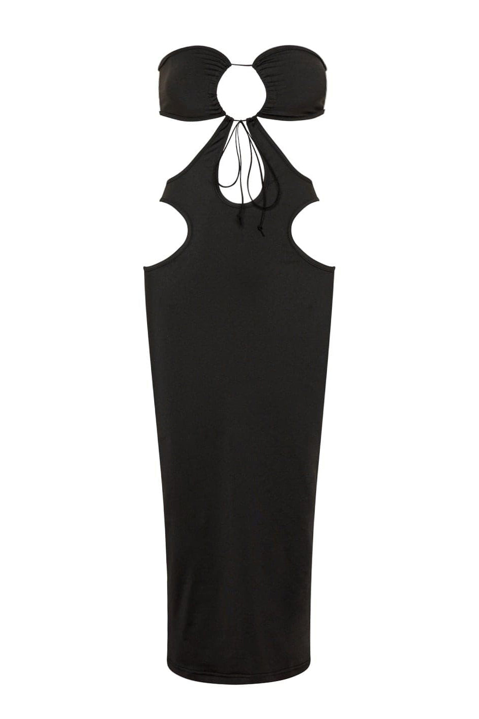 leau black strapless mirage midi dress in black