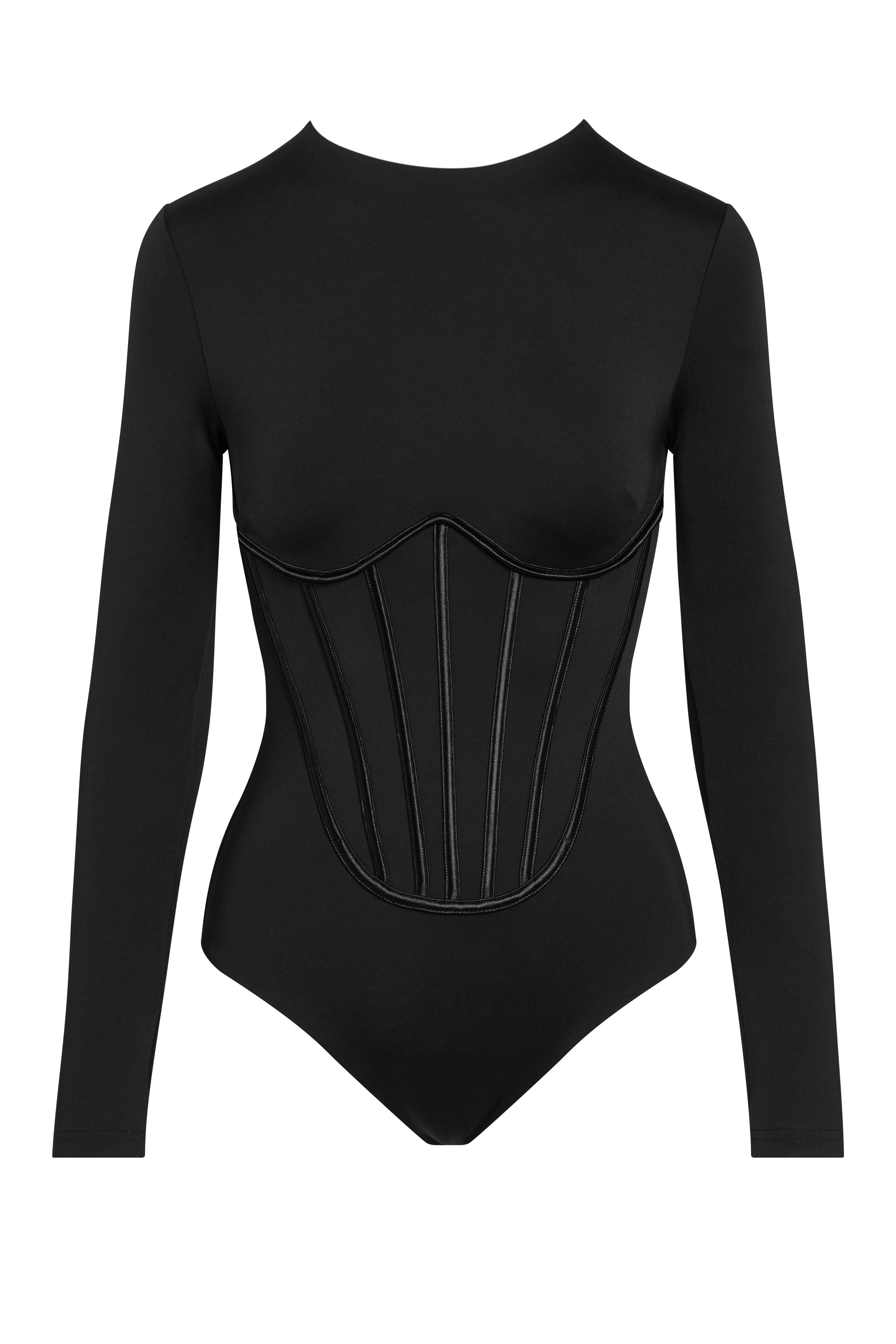 Yazia Bodysuit Black  Corset bodysuit, Black bodysuit, Stretch lace